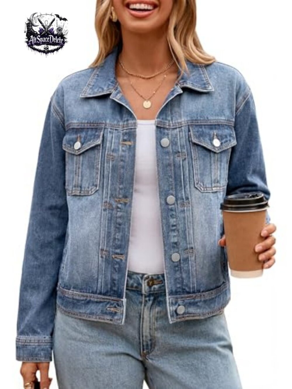 98% Cotton Button Up Denim Jacket Long Sleeve Trucker Jean Coat Pockets